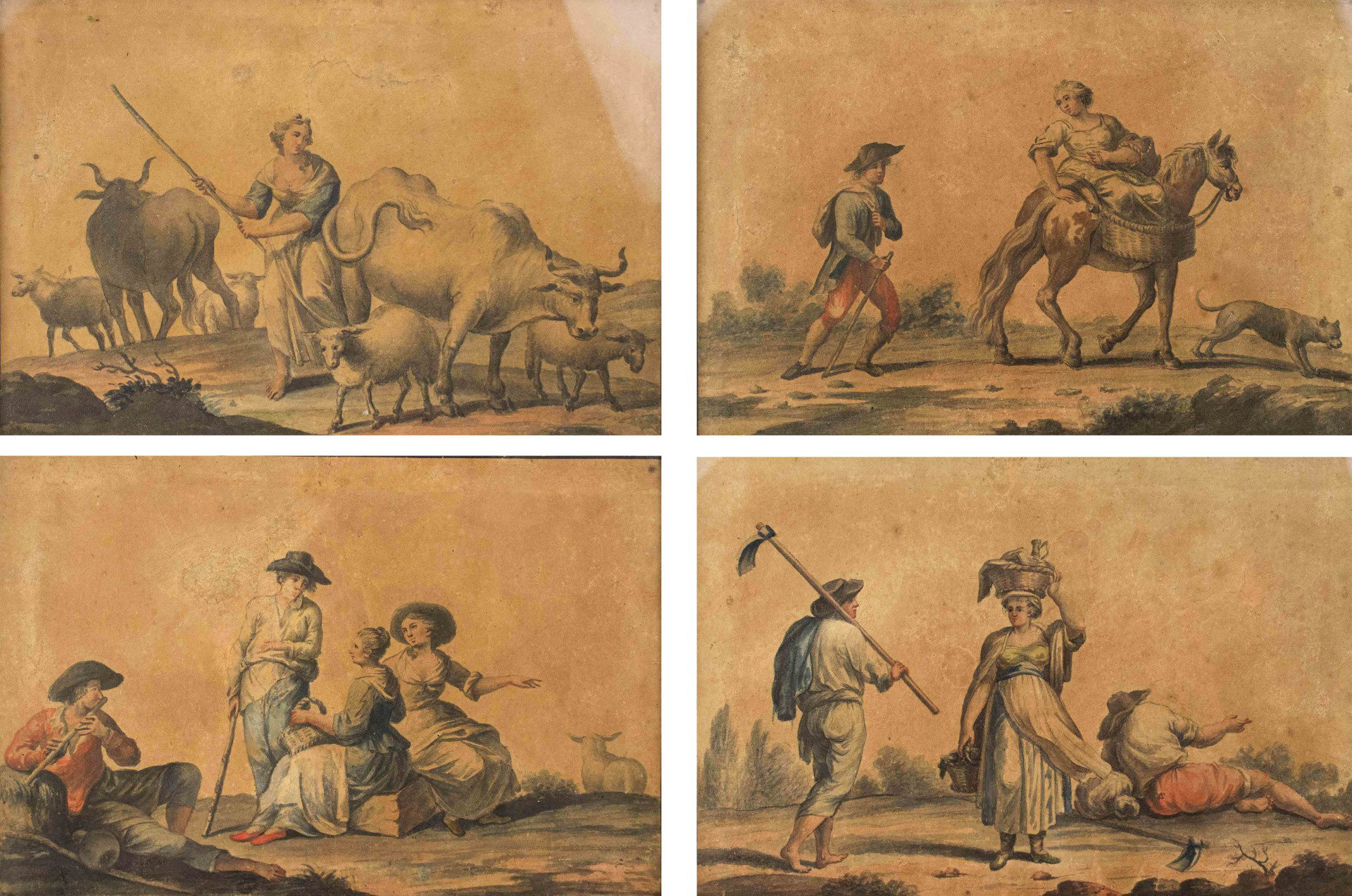 Quatre tempéras représentant des scènes champêtres, XVIIIe siècle